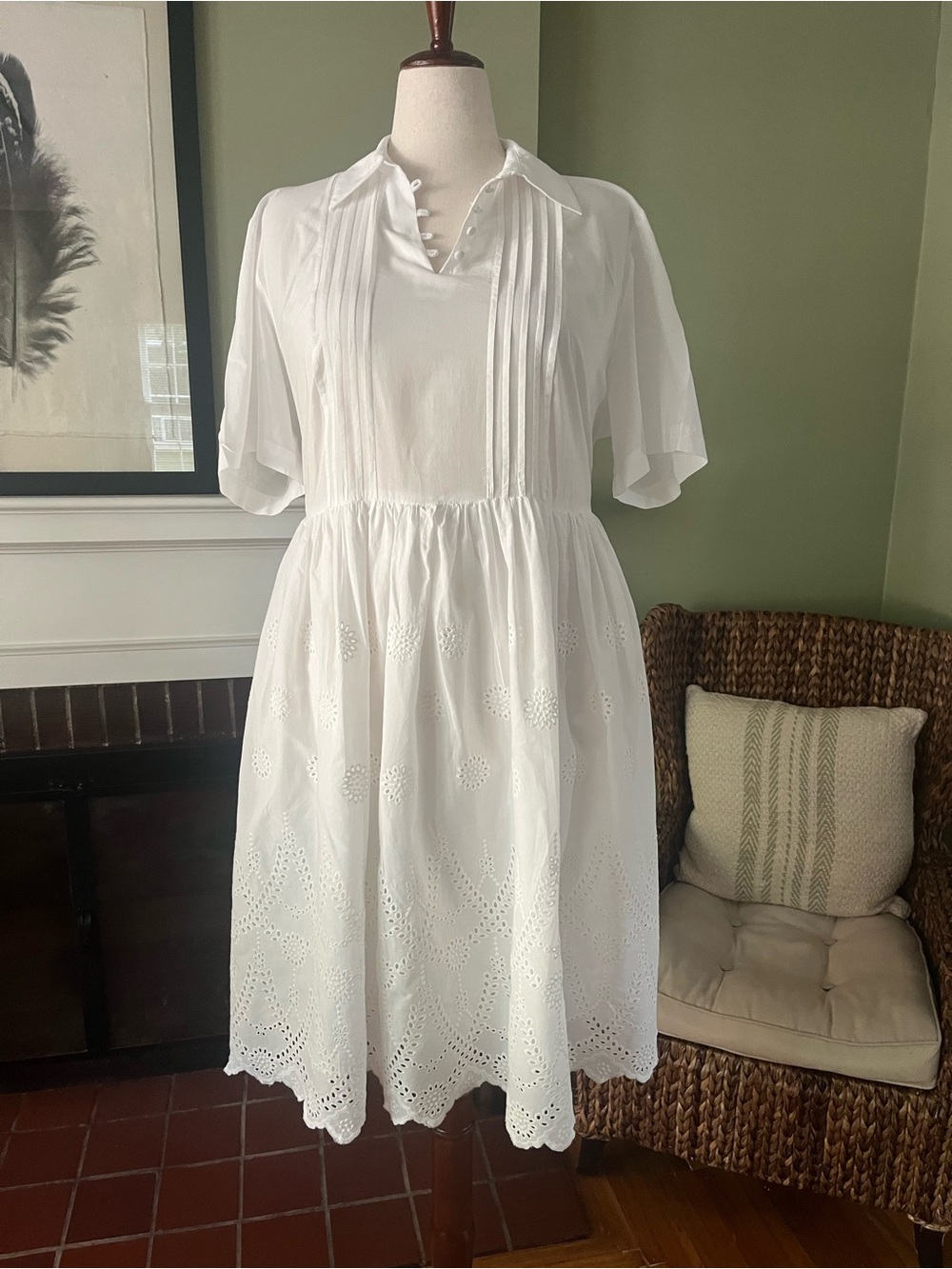 ELOQUII White Cotton Eyelet Midi Dress | Pintuck Shirt Dress | Size 20 - Picture 2 of 11